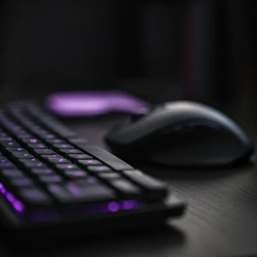 Zbliżenie na klawiaturę i mysz gamingową z neonowym podświetleniem, przedstawiające ustawienie do indywidualnego coaching e-sportowego i rozwoju umiejętności.