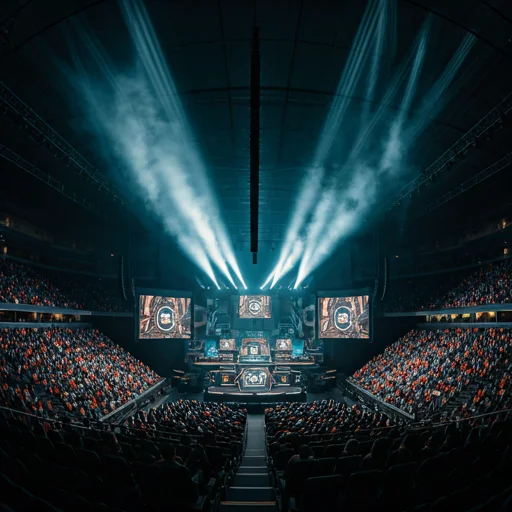 Duża arena e-sportowa z oświetleniem sceny i publicznością podczas na żywo turnieju, w której dobrze wyraża się atmosfera rywalizacyjnych gier.