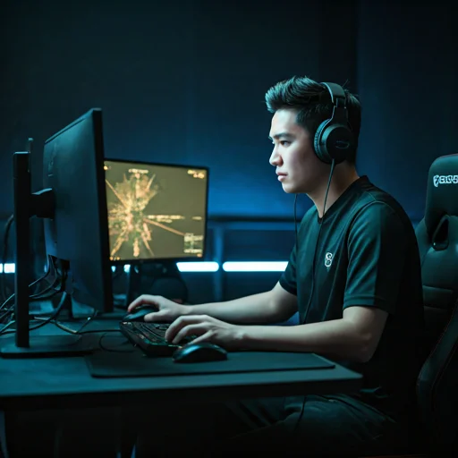 Gracz e-sportowy w słuchawkach, grający w konkurencyjnym środowisku na potężnym komputerze do gier z wieloma monitorami.
