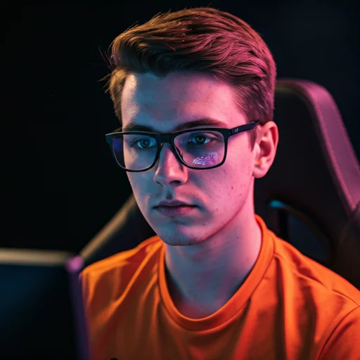Czarno-białe portret skoncentrowanego gracza e-sportowego w okularach, który intensywnie koncentruje się podczas rywalizacyjnej sesji gier.
